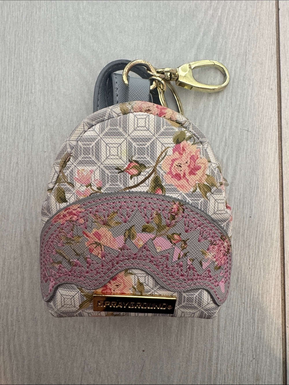 Sprayground Floral Gray Pink Mini Backpack Keychain